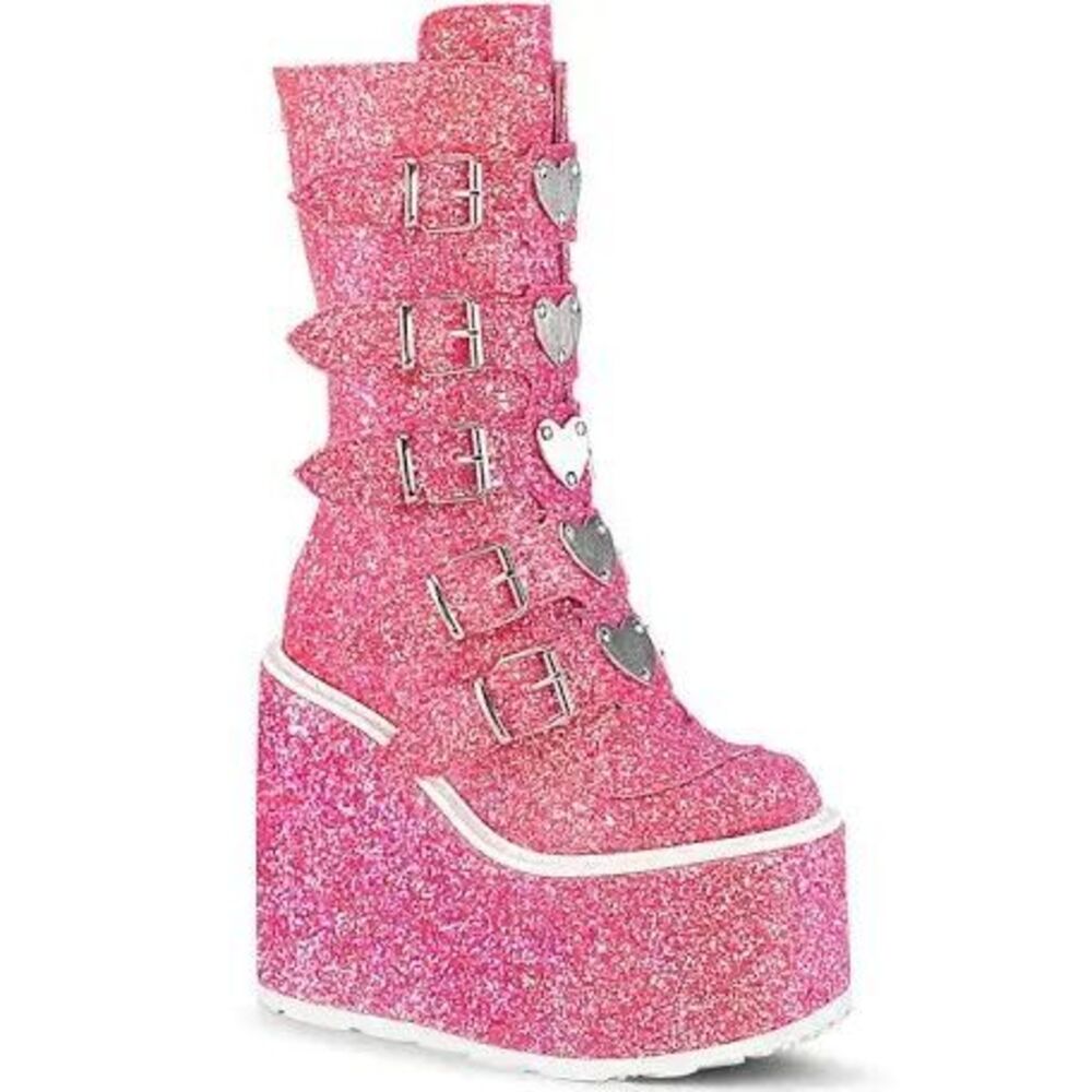 Demonia Swing Platform Tall Boots Pink Glitter Silver Heart Rave Festival Size 8